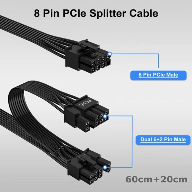 PCIe Cable Campatible with Corsair, 60 cm 8 Pin to Dual 6+2 Pin, Male to Male GPU Power Cable, Compatible with ARESGAME Modular