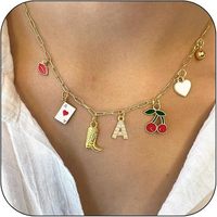 Gouden, vergulde ketting met initiaal, kersenhart, fruit, western cowgirl stijl, met diamant en parel, geschikt als bruiloftcadeau.