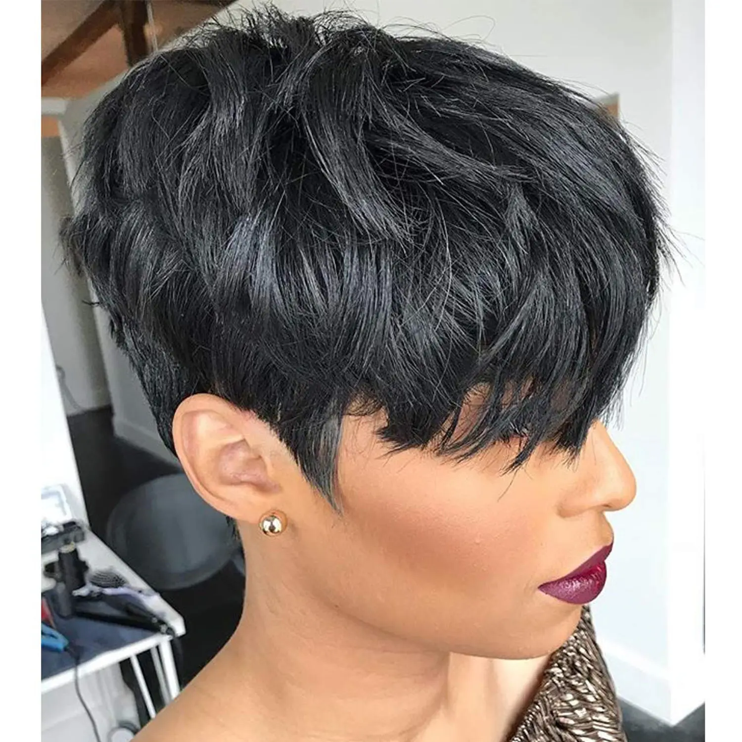 Pixie Cut Wigs With Bangs Burgundy Color Wigs Cute Brazilian Short Red Layered Wavy Wigs For Women