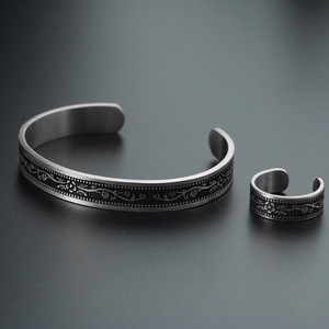 Ensemble de bijoux en acier inoxydable noir, argenté, en acier inoxydable 316, bracelet tendance en cuir en forme de C pour femmes et hommes - Product Image 6
