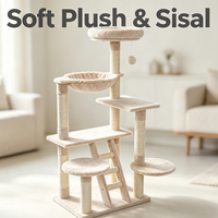Arbre à chat avec plateformes de repos beiges, échelle d'escalade, poteaux à gratter en sisal et jouet suspendu, aire d'activités multi-chats, tour pour chat