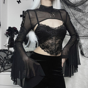 Boléro gothique en maille pour <span class=keywords><strong>femme</strong></span> - Haut court <span class=keywords><strong>noir</strong></span> transparent à col montant avec manches évasées et laçage latéral pour style punk - Product Image 1