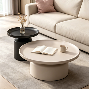 Nouvelle table basse ronde en crème avec base cylindrique intégrée, table d'appoint assortie avec plateau noir, table à thé minimaliste pour salon - Product Image 6