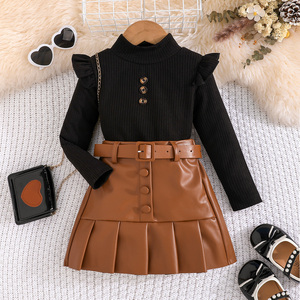 ชุดเสื้อผ้าเด็กผู้หญิง ลายสก็อต ผ้ายืด/โพลีเอสเตอร์ สไตล์เพรปปี้ เสื้อแขนยาวสวยหรู กระโปรงสั้น แฟชั่นทันสมัย สวยสง่า - Product Image 1