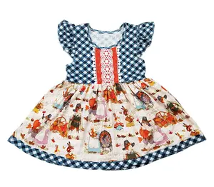 Sally & Heidi Hippo Kinder Mädchen Thanksgiving Plaid Kleid, neues Design Großhandel Kleidung Sommer Flatter ärmel Baby Girl Kleid