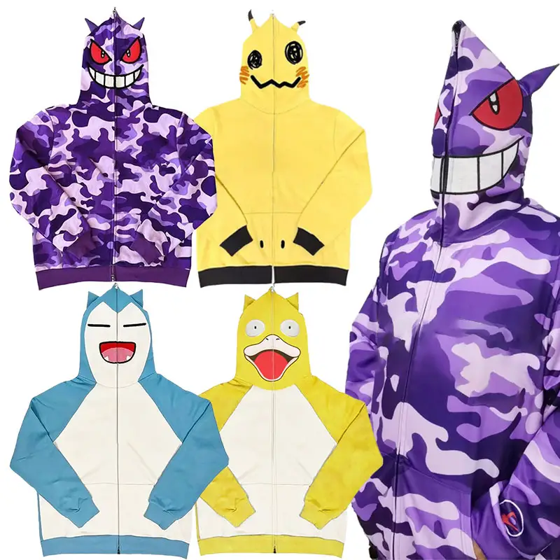 Jacket,Gengar Y2K Fullzip Zipup Polyester Harajuku Streetwear Free Sample Devil Horn Custom Full Face Zip Up Hoodie Men Women