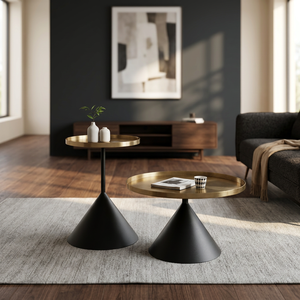 Mesa de centro moderna con tapa redonda, base acanalada negra y patas de latón para sala de estar, lista para la venta minorista. - Product Image 5
