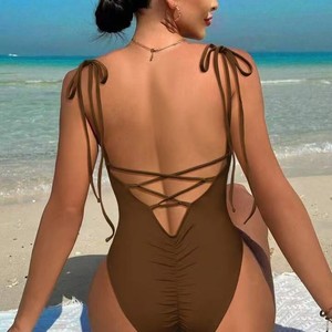 Nouveau Maillot de Bain Une Pièce Sexy pour Femme 2026, Col en V, Dos Nu à Nouer sur les Côtés, Froncé, Idéal Plage et Vacances d'Été - Product Image 4