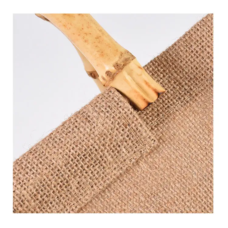 Özel Logo eko yeniden jüt kolu çanta alışveriş çuval bezinden çanta jüt alışveriş çantası bambu kolu