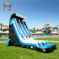 Tobogán Acuático Inflable Comercial de 23 Pies, Doble Carril, Color Negro con Diseño de Estrellas Brillantes, para Eventos, Parques y Alquiler