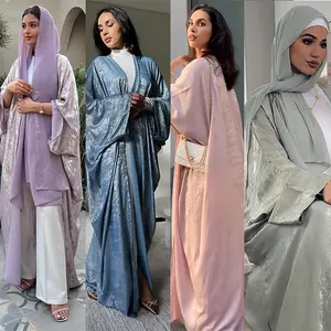 Hot Stamping Open Abaya Batwing Glitter Abaya Robe Floral Printed Satin Muslim Dress Women Dubai Kimono Abaya