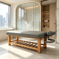 Table de massage robuste en cuir PU avec cadre en bois, repose-tête et rangement à lattes pour salon de beauté