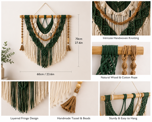 Tapisserie murale en <span class=keywords><strong>macramé</strong></span> Driftwood <span class=keywords><strong>avec</strong></span> perles de <span class=keywords><strong>bois</strong></span> blanches, longues franges et pompons, grande décoration murale bohème pour cheminée et chambre à coucher - Product Image 4