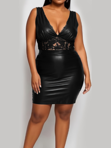 Robe moulante noire sexy avec détail en dentelle transparente à la taille - Robe de soirée sans manches à col en V profond - Product Image 5