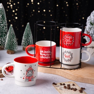 Christmas Ceramic OEM Porcelain 4pcs in <strong>Set</strong> <strong>Stacking</strong> Coffee Cup Custom <strong>Mug</strong> with Iron Stand - Product Image 1