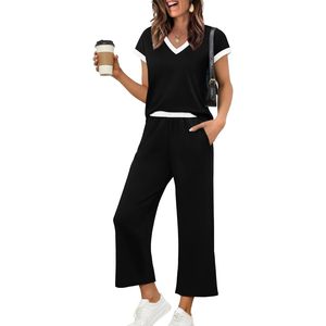 Two Piece Sets For Women Casual V Neck Short Sleeve Knitted <b>Lounge</b> Set Breathable Spring Summer Outfits Matching Clothes - Product Image 1