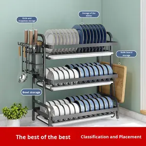 رف تخزين أطباق وأواني المطبخ من الفولاذ الكربوني ثلاثي الطبقات من إن إف إس، رف تصريف متحرك لا يحتاج إلى تركيب، خزانة متعددة الوظائف - Product Image 3