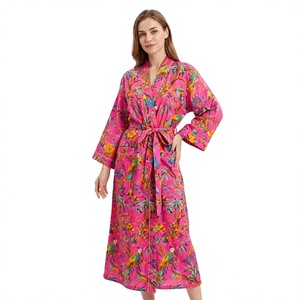 Bata Kimono Ligera de Algodón para Mujer, Cuello en V, Cierre con Cinturón, Larga, Mangas Tres Cuartos, Estampado Floral, Ropa de Dormir de Verano - Product Image 1