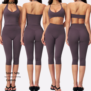 NCLAGEN Set da allenamento da donna, top sportivo regolabile con scollo all'americana, set da palestra e yoga, leggings capri modellanti, abbigliamento da allenamento elasticizzato e aderente - Product Image 1