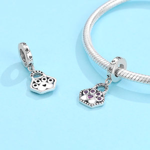 Colgante de Plata S925 con Huella de Pata y Corazón de Circonita Púrpura Oxidado para Bolso, Joyería para Amantes de Perros y Gatos - Product Image 2