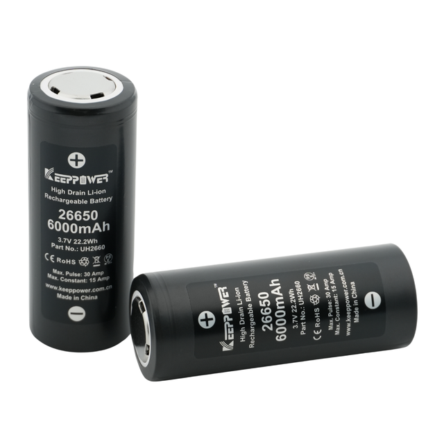Reliable Outdoor Flashlight 15A High Discharge KeepPower IMR 26650 6000mAh 3.7V for Certified Highest Capacity Li-ion Battery