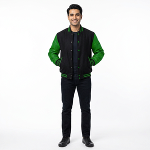 High School Varsity <b>Jacket</b> Black Wool Body Green Real <b>Leather</b> Sleeves Classic 1930s Style CollegeBaseballjacket for <b>men</b> - Product Image 1