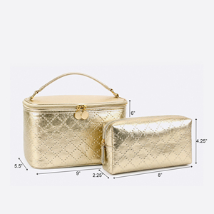 Two-Piece Quilted <b>Makeup</b> Bag <b>Case</b> Set with Gold-Tone Zippers for Women Travel Cosmetic and Beauty Storage Organized Storage - Product Image 2