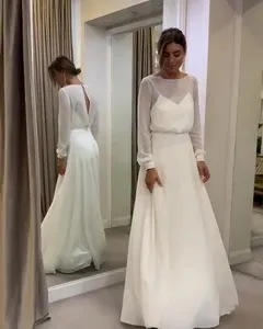 FA258 2022 Bohemian Simple Long Sleeve Wedding Dress A Line Open Back Modest Plus Size Custom Made Women Chiffon Bridal Gowns