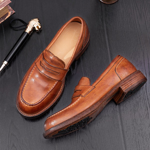 Chaussures habillées pour hommes en cuir véritable, bout rond, à enfiler, semelle extérieure en caoutchouc marron uni, semelle intermédiaire en bois, toutes saisons, pour le travail - Product Image 3
