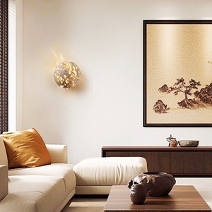 Lampe murale Wabi Sabi japonaise, sphère en travertin jaune naturel, lumière rétro, luminaire pour chambre à coucher, tête de lit, café - Product Image 4