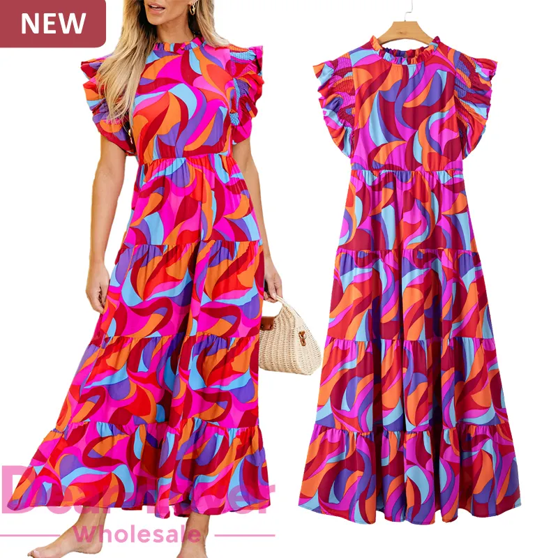 Dear-Lover Wholesale Private Label Bohemian Multicolor Boho Geometric Print Summer Short Sleeve Ruffle Tiered Long Maxi Dress