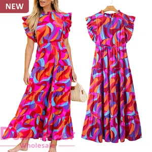 مبيعات بالجملة فستان طويل من Dear-Lover ملصق خاص بوهيمي متعدد الألوان طباعة هندسية فستان صيفي طويل بأكمام قصيرة بكشكشة