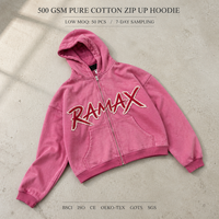 Sweat à capuche zippé RAMAX 500GSM en coton pur rose délavé avec logo brodé, streetwear lourd pour hommes, personnalisable OEM ODM, vente en gros
