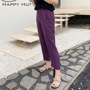 Pantalones de crepé morados para mujer Happy Hut con abertura y cremallera, talla grande, transpirables, de nueve puntos, para mujeres con curvas - Product Image 1