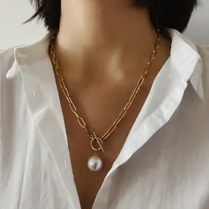 Gothic Baroque Pearl Pendant Choker Necklace for Women Wedding Punk Big Bead Lariat Gold Color Long Chain Necklace Jewel N207262