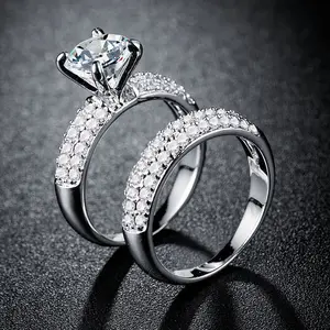 CSS006 Huiling jewelry Platinum silver 18k gold three-row diamond inlaid zircon ring couple