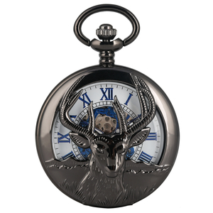 Jam tangan saku mekanis untuk pria, arloji saku kerangka Steampunk hitam kambing berongga dengan rantai & angka Romawi biru, hadiah Gotik unik untuk pria - Product Image 5