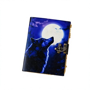 NEW ERA Wolf Leather Hardcover Diary Thread Sewing Handmade Grimoire Deckle Edge Paper 100 Sheets UV Printed Blue Vintage - Product Image 1
