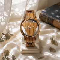 Montre décontractée en bois de zèbre naturel avec découpe triangulaire creuse, bracelet en bois massif, design créatif et écologique, étanche pour usage quotidien