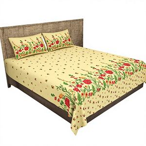 HEAVENBIRDS Parure de lit plate imprimée jaune avec 2 taies d'oreiller incluses, en coton, 300 fils, écologique, toutes saisons - Product Image 1