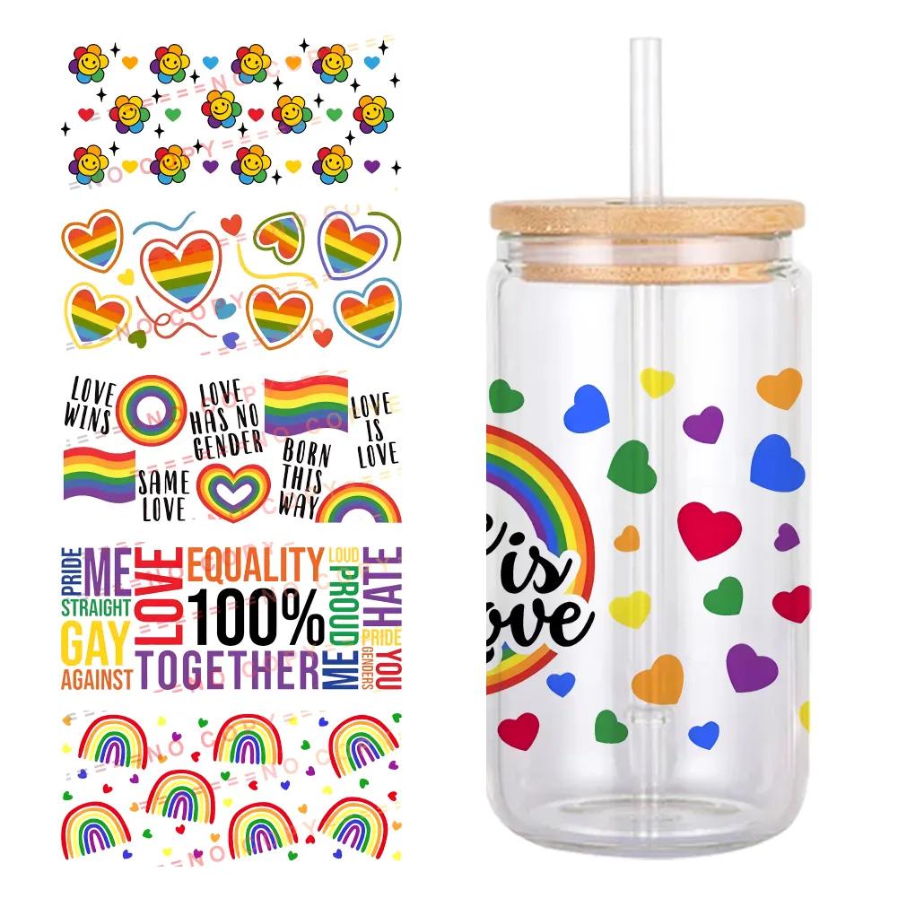 LGBTQ rainbow heart UV Waterproof DTF Sticker 16oz Cup Wraps For DIY Glass Ceramic Metal Cup wrap Sticker