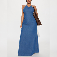 Damen Neckholder Rückenfreies Denim Maxikleid mit Bindeband im Nacken, A-Linie, Ärmellos, Quiet Luxury Abbigliamento Donna Großhandel