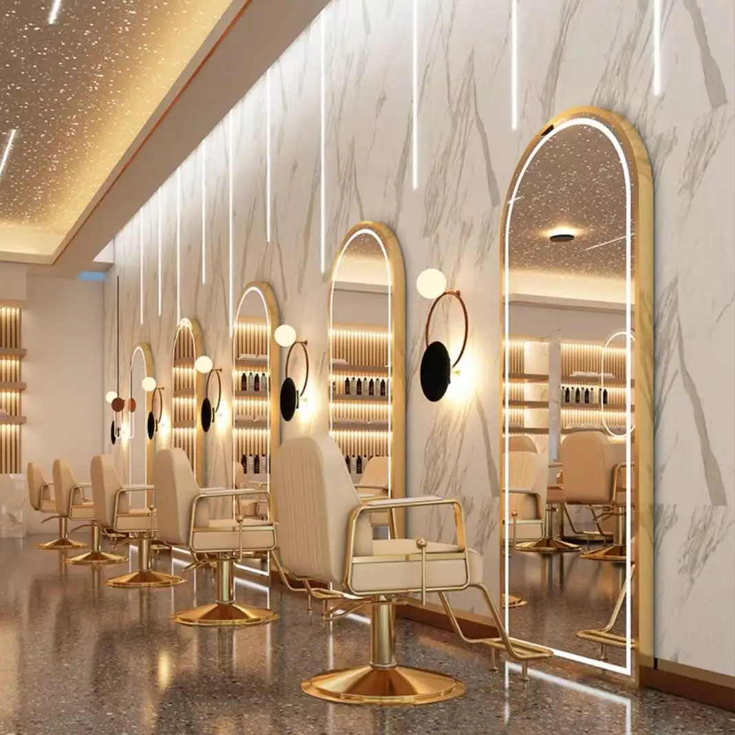 Armário de luxo com luz LED moderno, espelho, salão de beleza, móveis, estação de barbeiro