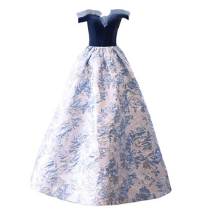 Blue Off-Shoulder Velvet Evening Gown Empire Waist Floral Print Ball Gown For Banquets Performances Hostess Dress - Product Image 5