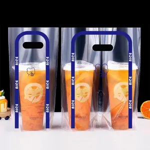 Costom logo packaging takeaway cup carrier printed bubble tea PP/PLA bags cup holder plastic bag