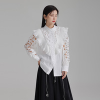 Chemise longue en coton pour femme, collection Printemps Précoce, avec broderie française unique et design ajouré, col montant ajusté et boutons