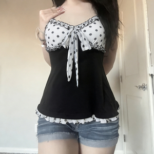 Summer New Arrival Knitted Ribbons Polka Dot Print Vintage <b>Beaded</b> Lace Tie Front Cute Women Spaghetti Strap Camisole Tank <b>Top</b> - Product Image 5