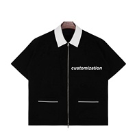 Kemeja katun kustom lengan pendek, kemeja longgar ritsleting warna polos kasual
