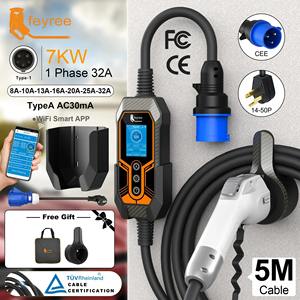 Cargador portátil para vehículos eléctricos Feyree Tipo 1 J1772 32A 7KW 1P con soporte de pared, control por aplicación, caja de carga portátil EVSE para vehículos eléctricos - Product Image 1