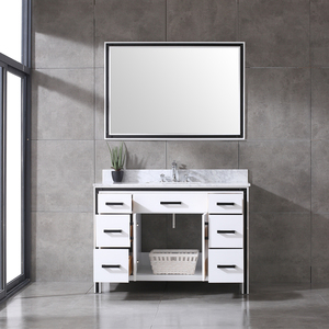 Industrial <b>White</b> Wooden Freestanding Bathroom Vanity Marble Wash Basin Cabinet with Black <b>Frame</b> <b>Mirror</b> Home Hotel Use - Product Image 2